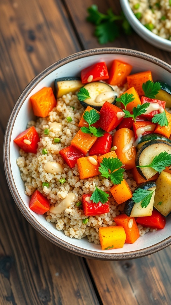 A colorful quinoa bowl with roasted vegetables, garnished with parsley, on a rustic table.